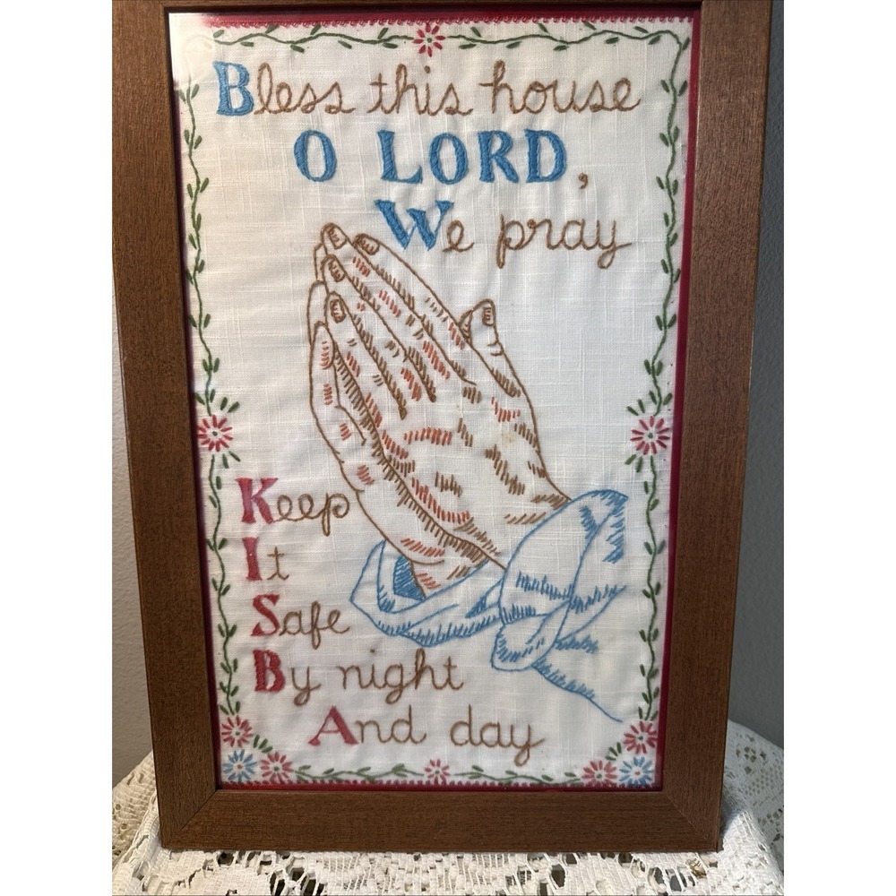 Vintage Wood Framed Embroidery Religious Sampler Wall Art Bless This‎ House Pray